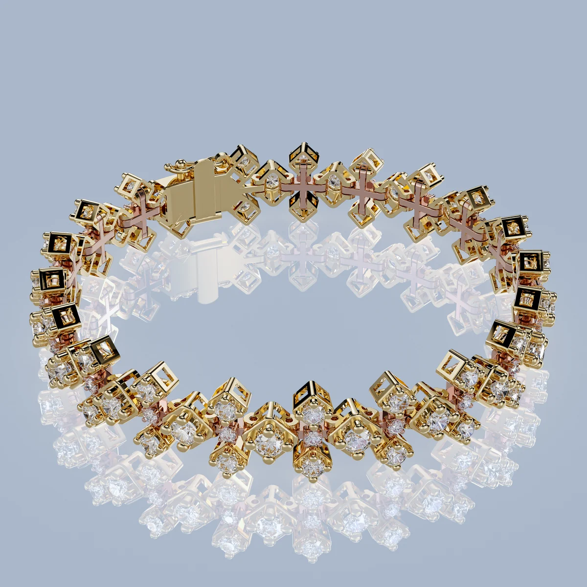 Geometric link bracelet with white diamonds on a reflective blue-grey surface, yellow and rose gold