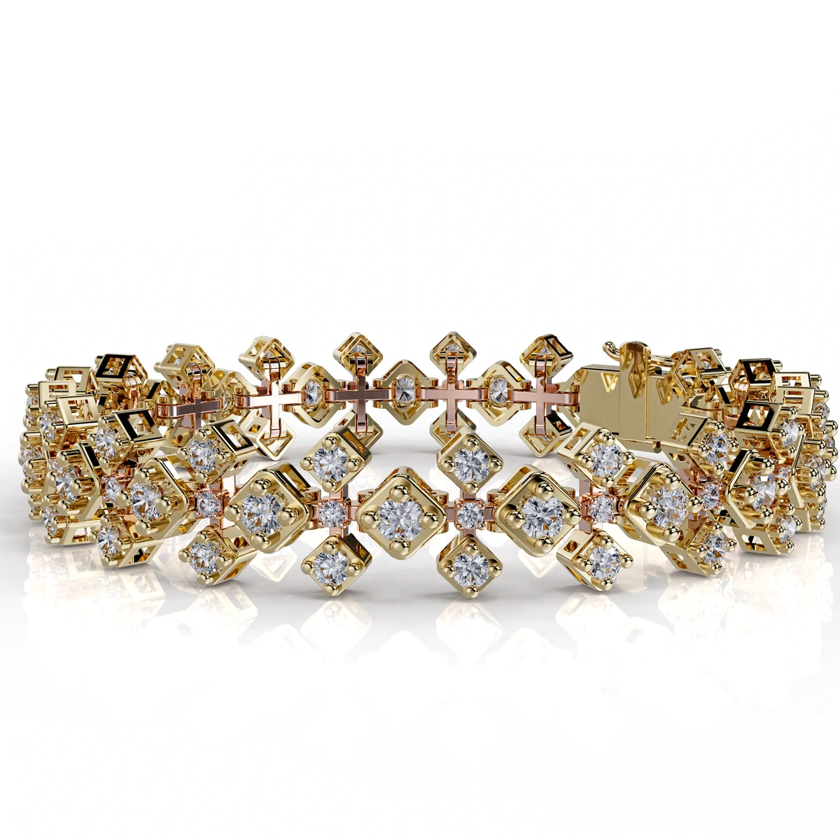 Bracelet front view showing square diamond settings and rose gold cross connectors