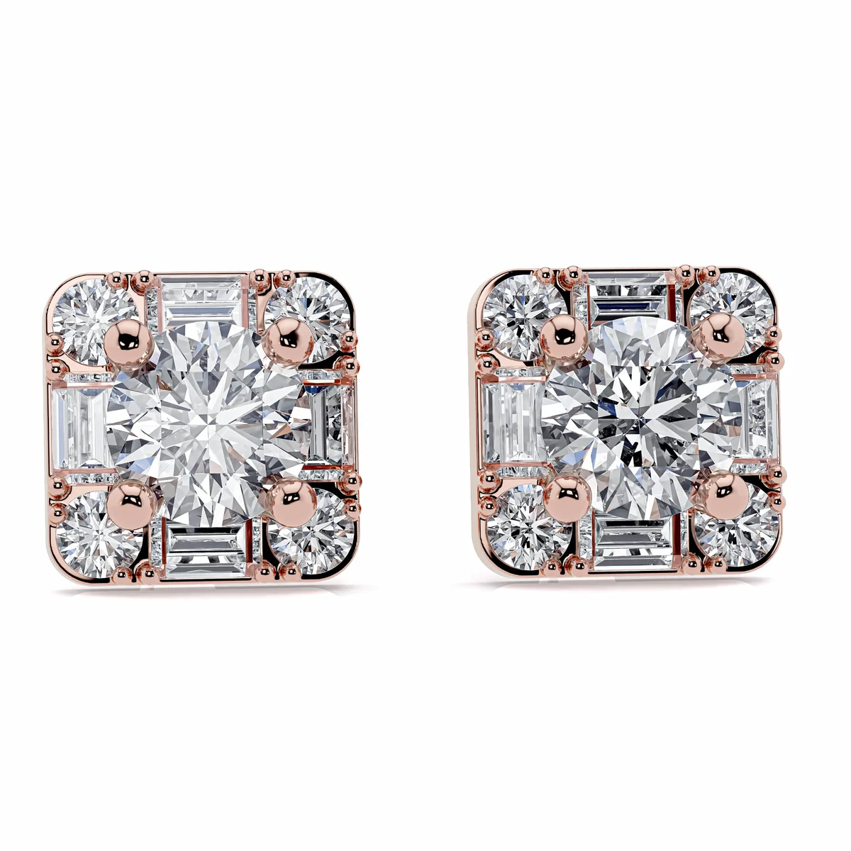 Pair of square halo stud earrings, front view, rose gold