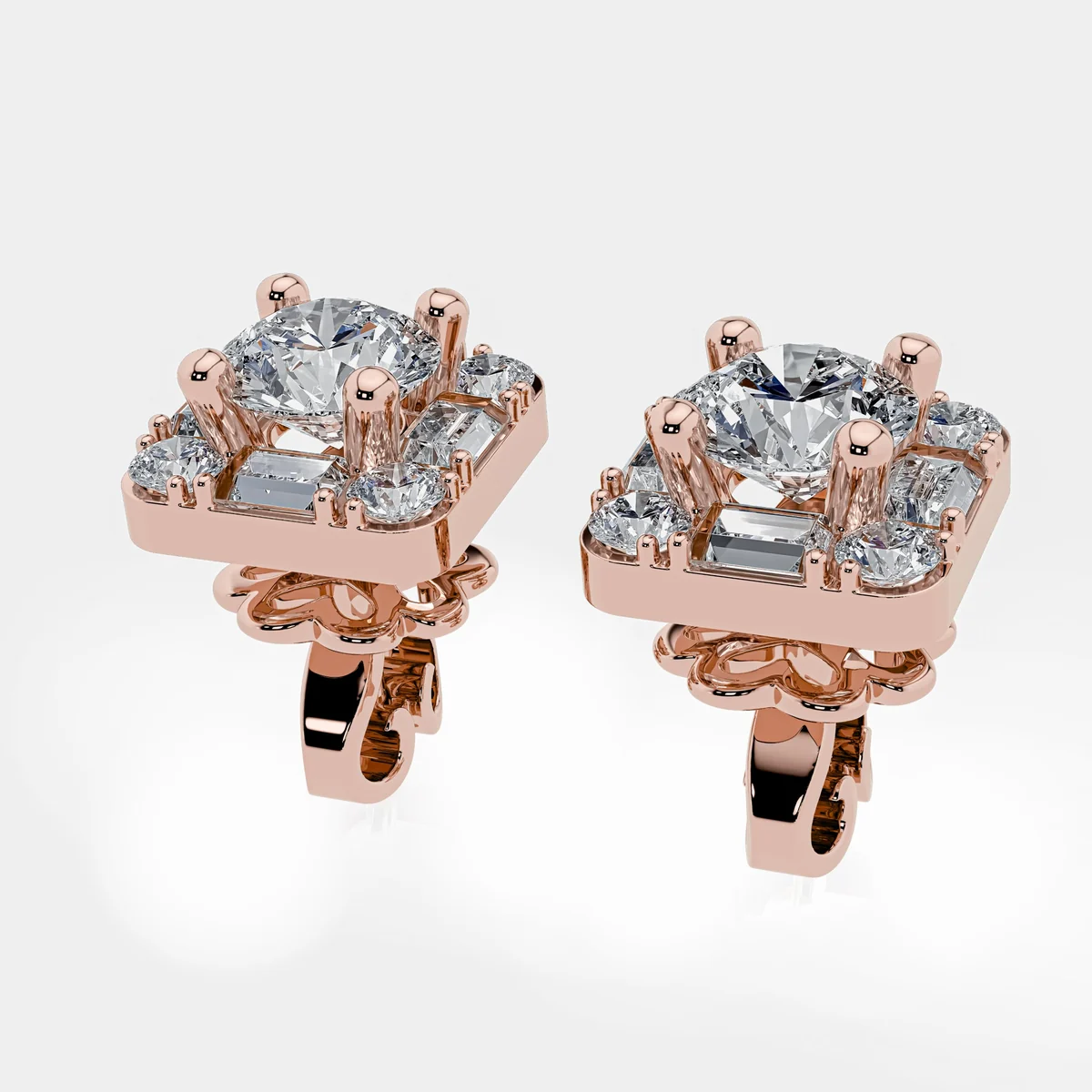 Square halo stud earrings, three-quarter view showing prongs and butterfly backs