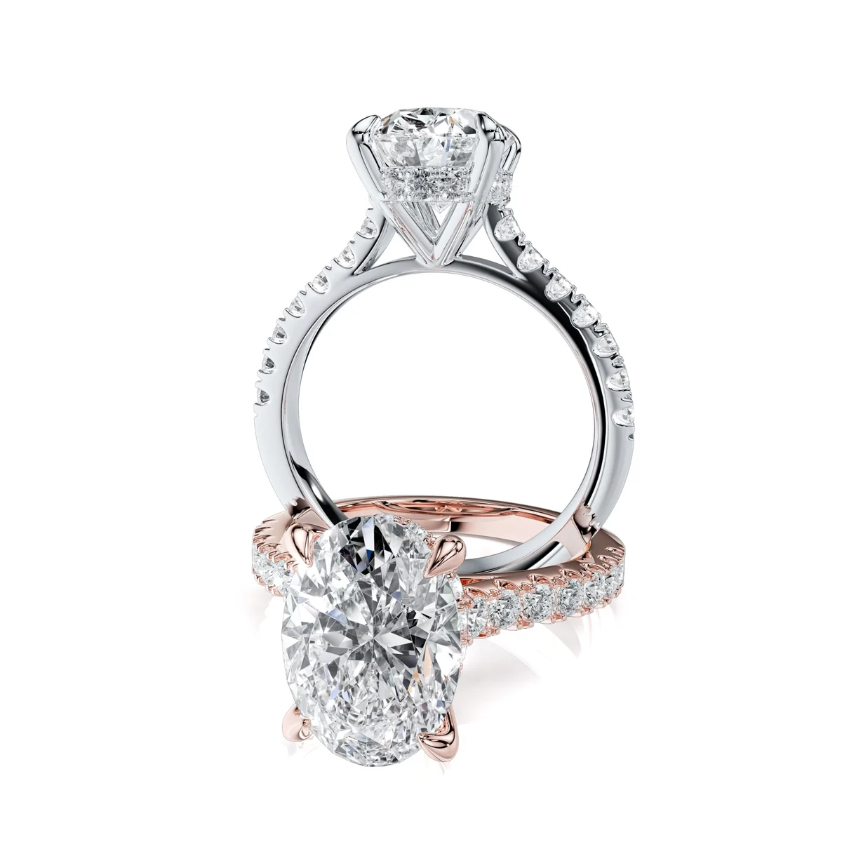 Oval hidden-halo engagement ring in rose gold with white gold version behind