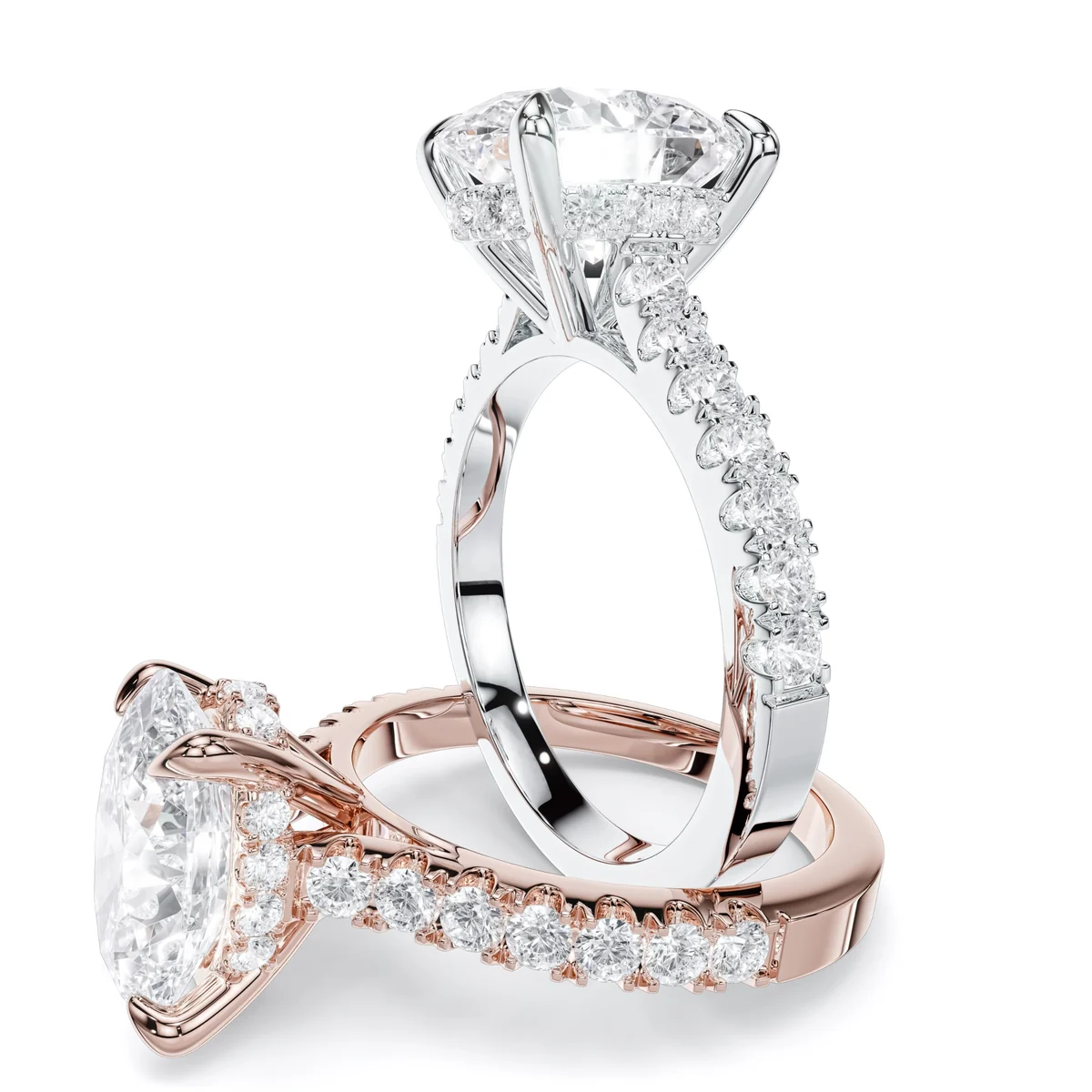 Engagement ring side profile showing hidden halo, cathedral prongs and pavé shank