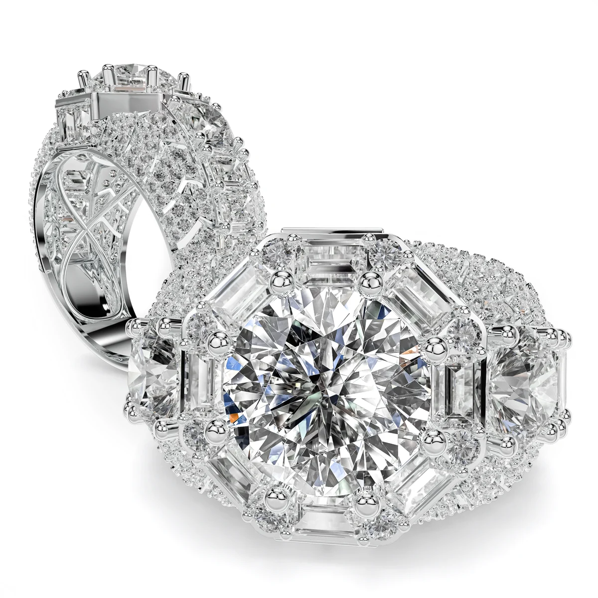 Men's diamond statement ring, top view and side view together