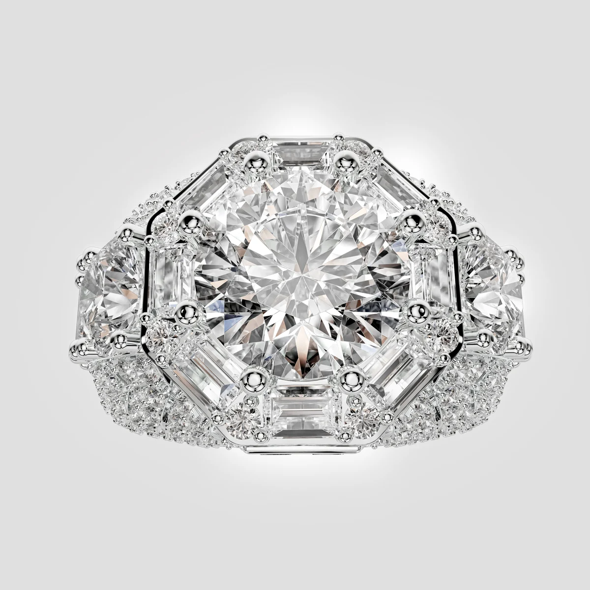 Top view of the octagonal baguette halo around a round brilliant centre