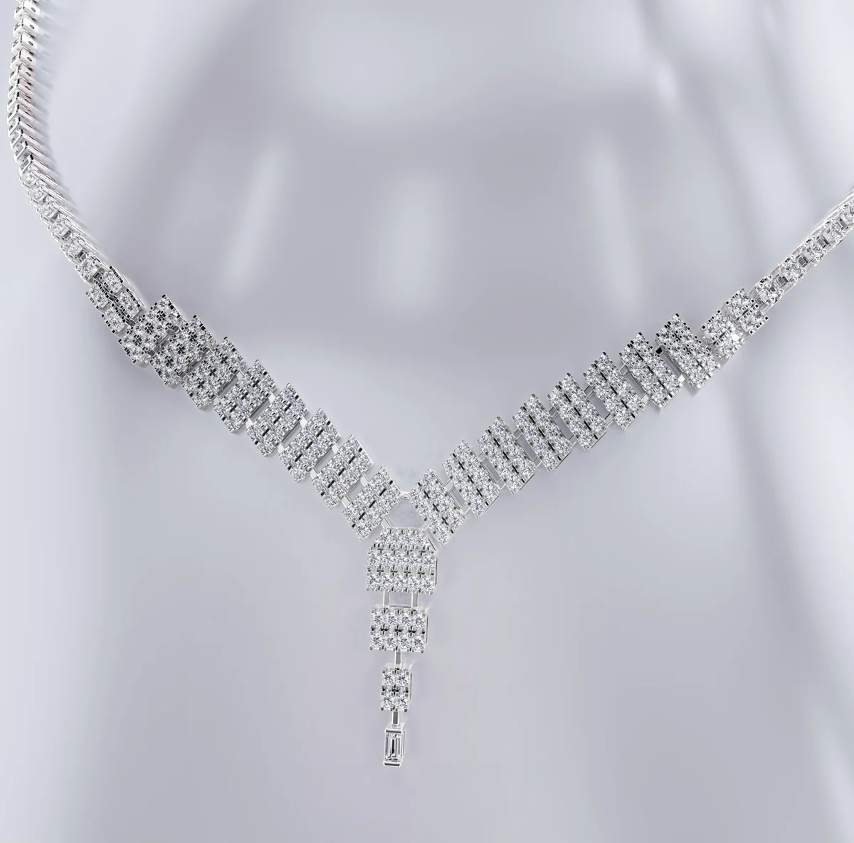Diamond cascade necklace worn on a bust, front view