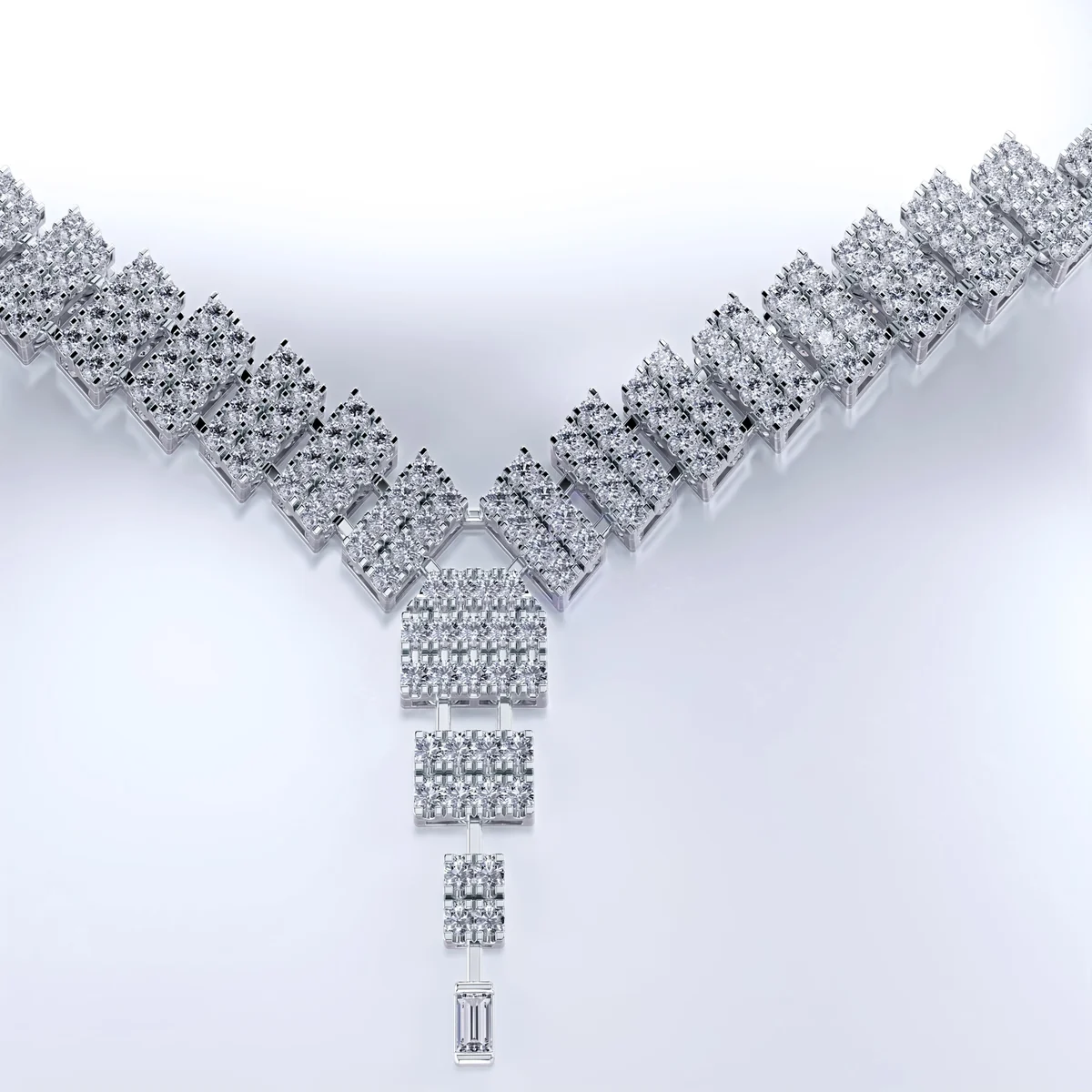 Close-up of the V-shaped pavé links and graduated drop