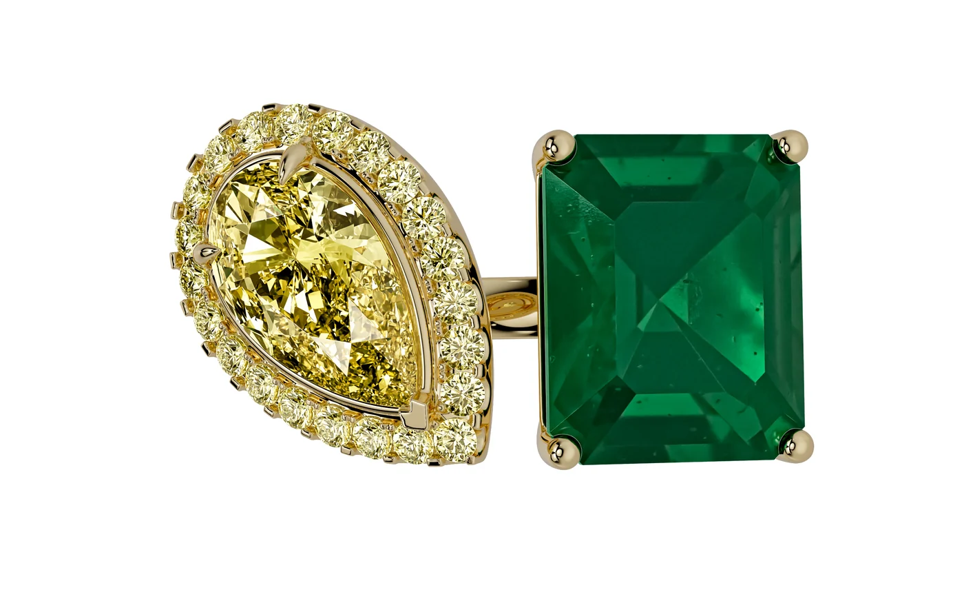 Toi et moi ring with yellow pear-cut diamond halo and emerald-cut green stone, top view, yellow gold